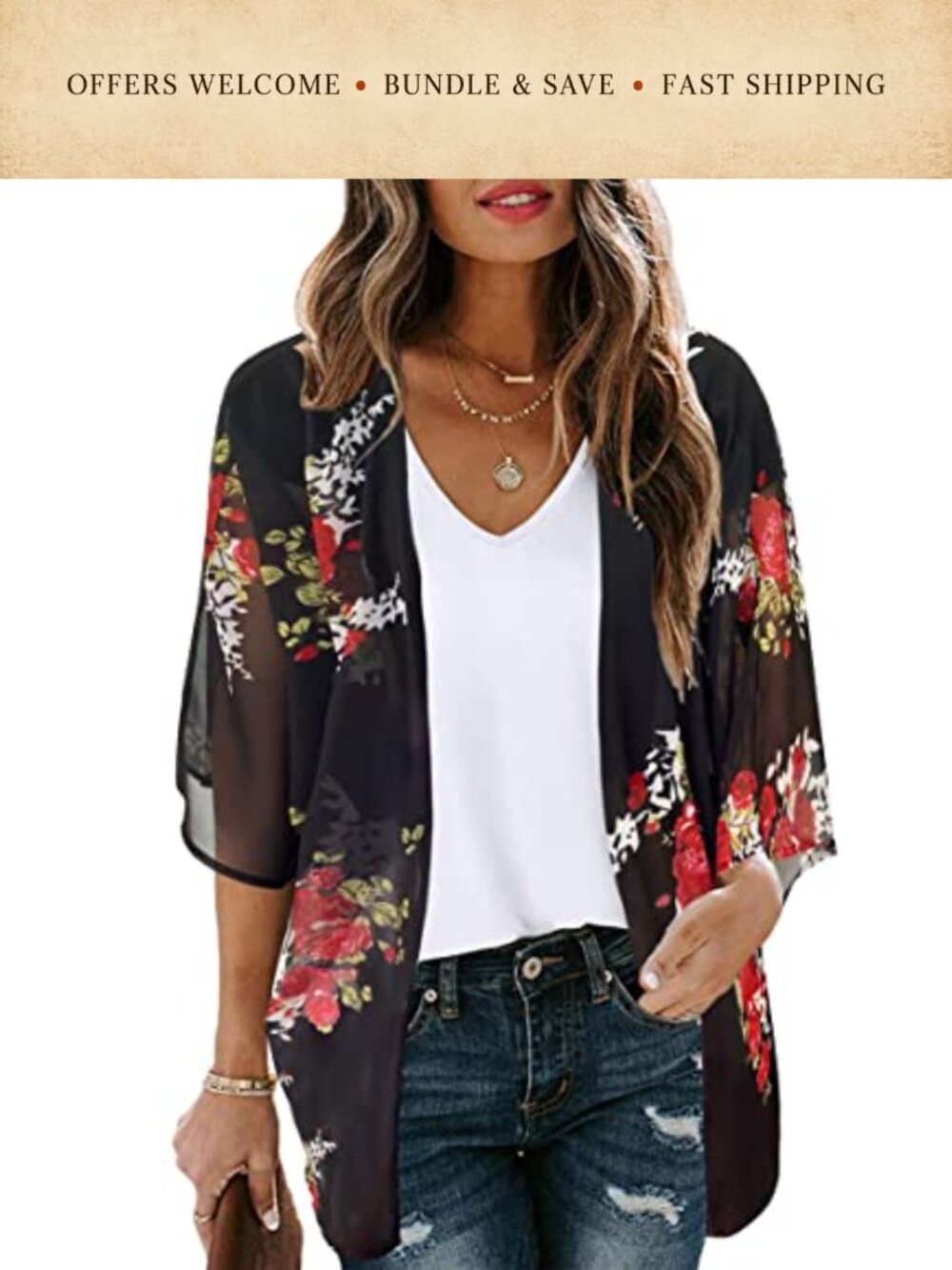Chiffon Floral Kimono Cardigan Sheer Beach Coverup Short Sleeve